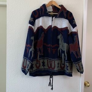 Tejidos Ruminahui Vintage Alpaca Wool Western Cowboy Horse Hooded Sweater Jacket